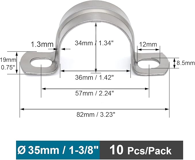 10 pcs 1-3/8" Conduit Clamp 304 SS Pipe Support U Bracket, Tube Clamp for Cable/Water Pipe, Heavy Duty Strap Clamps | OD 1-3/8" | 10 pcs
