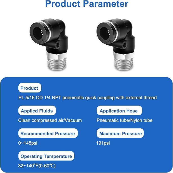 10 Pcs Push to Connect Fittings 5/16 Inch Tube OD x 1/4 Inch NPT Thread Pneumatic Male Elbow Quick Connect Air line fittings