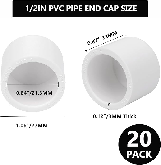 20Pack 1/2"PVC Pipe End Cap Fitting Schedule 40 Furniture Grade 1/2" PVC Pipe Plug Adapter for Build Furniture DIY Garden Shelf, White