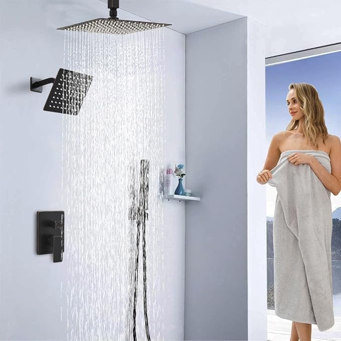Shower Faucet Set Oil Rubbed Bronze Shower System, Knob Switch Diverter Shower Faucet with High Pressure Handheld Spray, Ceiling Mount 12 Inch Shower Head with 6 Inch Wall Mount Shower Head