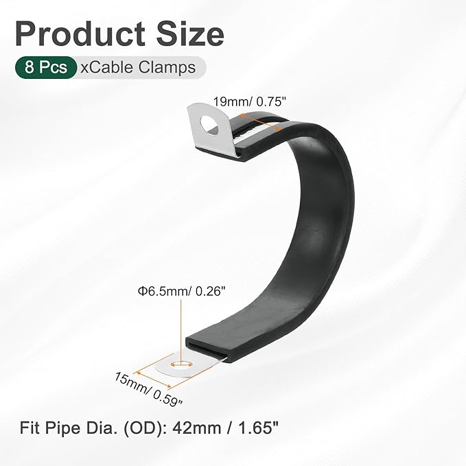 uxcell 1-5/8"(42mm) Cable Clamp, 304 Stainless Steel Rubber Cushioned Insulated Clamp R Shape Metal Clamp Tube Holder for Pipe Hose Wire Cord Installation 8Pcs