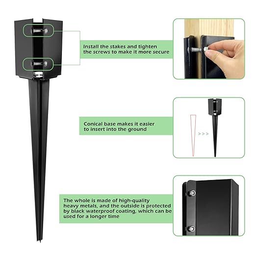 Fence Post Anchor 32 inch Ground Spike Heavy Duty Black Powder Coated Fence Stakes Post Base for Mailbox, 32 x 4 x 4 Inches Outer Diameter (Inner Diameter 3.6 x3.6 Inches), Pack of 4