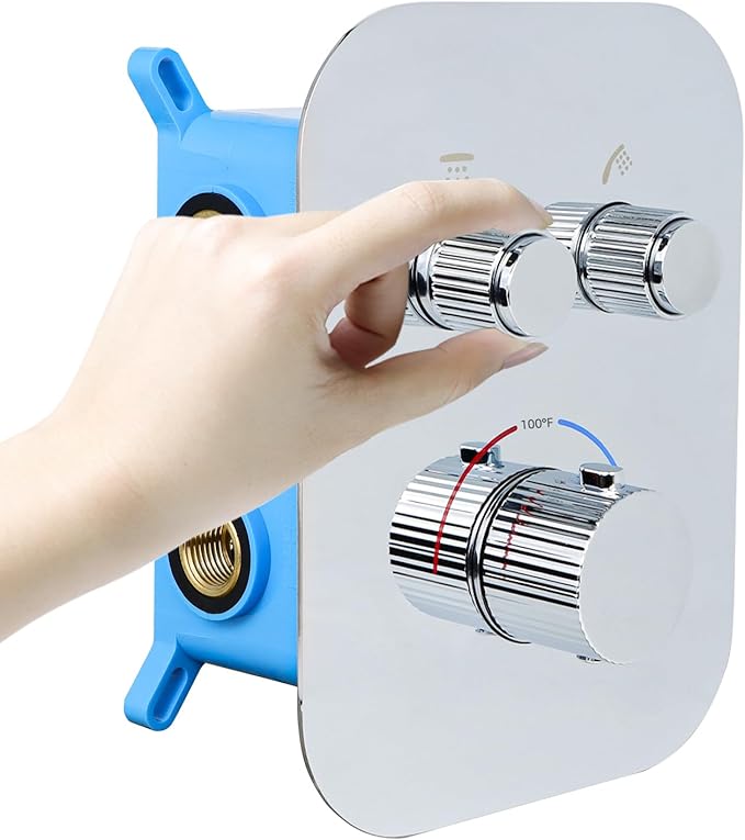 2 Way Brass Shower Diverter Valve Kit - Thermostatic Flow Control Valve, Simultaneous Operation, Adjustable Flow, Chrome Finish