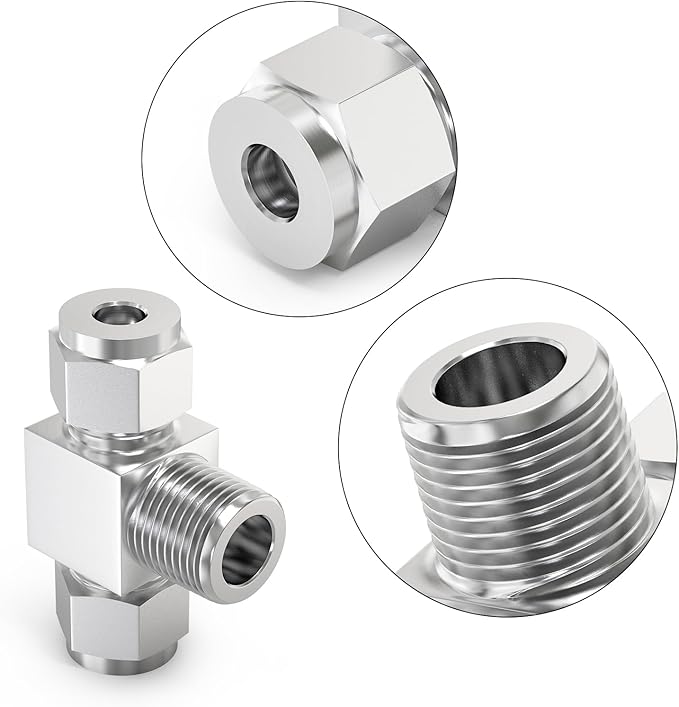 TAISHER 1PCS 304 Stainless Steel Compression Tube Pipe Fitting Connector, 3/8" Tube OD x 3/8" NPT Male x 3/8" Tube OD Tee Adapter