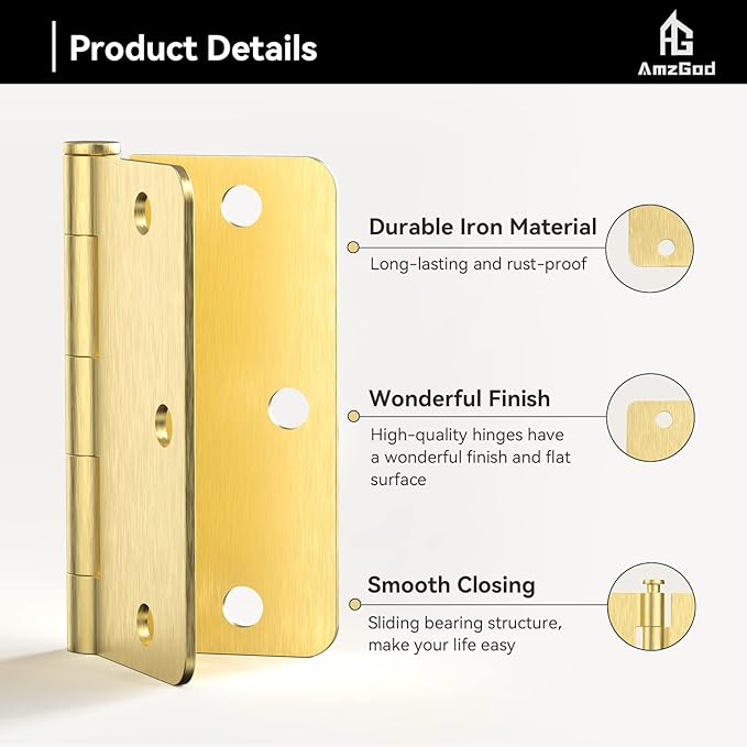 Door Hinges Satin Brass - 42 Pack Gold Door Hinges 3.5 Inch Rounded Interior Door Hinge with 1/4" Radius - 3 1/2 Inches Flat Iron Brass Hinges for Residential Standard Doors