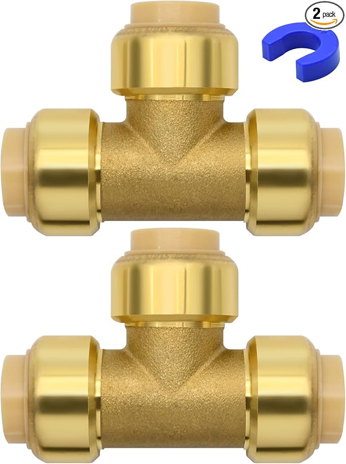 2 Pack Push-to-Connect Plumbing Fittings, 1/2" Pushfit Tee Fittings with Disconnect Clip for Copper, PEX, CPVC Pipe