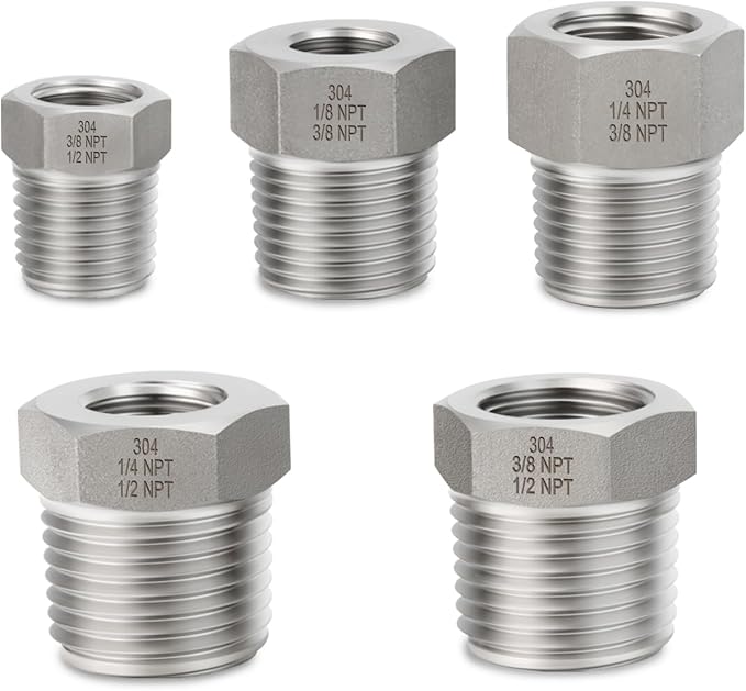 10PCS 304 Stainless Steel Reducer Hex Bushing, 3/8" - 1/4",1/4" - 1/8",3/8" - 1/8",1/2" - 3/8",1/2" - 1/4", Reducing Pipe Adapter Fitting, for Air/Fuel/Water/Gas/Oil