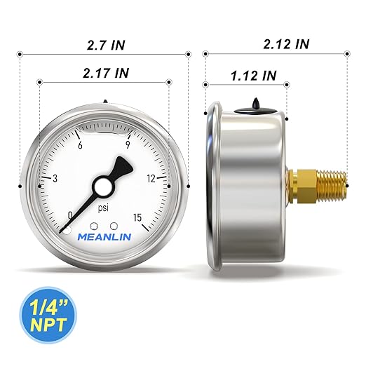 MEANLIN MEASURE 0~15Psi Stainless Steel 1/4" NPT 2.5" Single Scale FACE DIAL,Glycerin Filled Pressure Gauge, WOG Water Oil Air Back Mount, with 1/4" x 1/2" NPT and 1/4" x 3/8" NPT Hex Bushing
