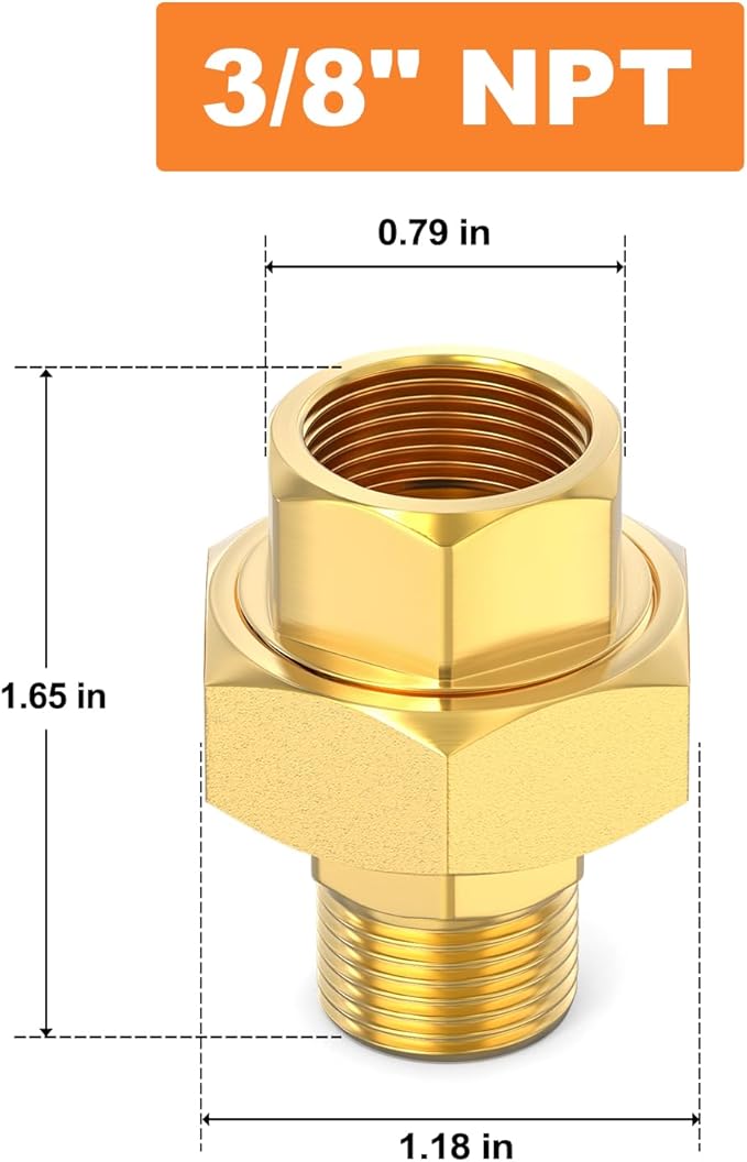 GASHER 2PCS Brass Union，3/8" NPT Male x 3/8" NPT Female Pipe Fitting
