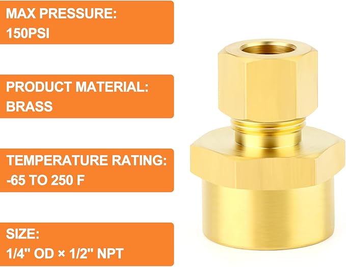 GASHER 5PCS Brass Compression Union Tube Pipe Fitting Connector, 1/4" Tube OD x 1/2" NPT Female Connector