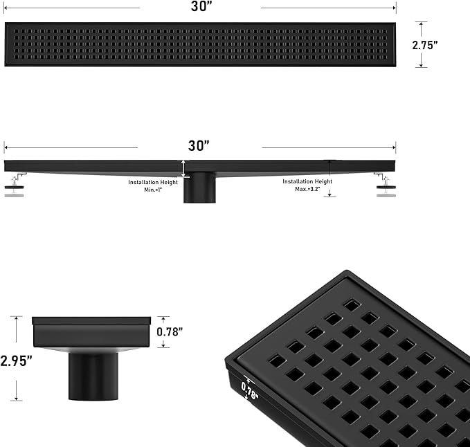 Linear Shower Drain 30", 304 Stainless Steel Floor Drain with Grid Drain Cover & Hair Strainer, Rectangular Shower Drain w/CUPC Certified, Matte Black