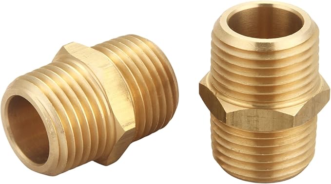 1/2 Inch x 1/2 Inch NPT Brass Hex Nipple Male Pipe Adapter, Thread 0.75" OD to 0.75" OD, (5 Piece)