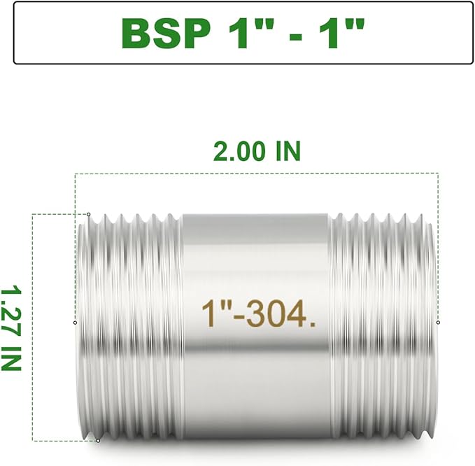 TAISHER 2PCS Stainless Steel Pipe Fittings, 1" BSP Male x 1" BSP Male Threaded, 2" Length Nipple Cast Pipe