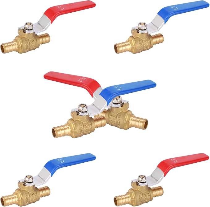 6-PCs HeSun 3/4 Inch PEX Ball Valves, 1/4 Turn Full Port Shut-off, Brass Crimp Pex Valve for Hot and Cold Water, ASTM F1807,Blue & Red(VALVE013-6)