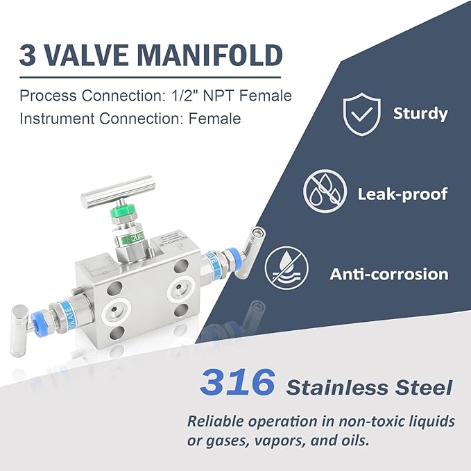 3 Valve Manifold 316 Stainless Steel 3 Way High Pressure Manifold Gas Distributor for Pressure Gauges and Pressure Transmitters from Rosemount, Siemens, Honeywell, E+H