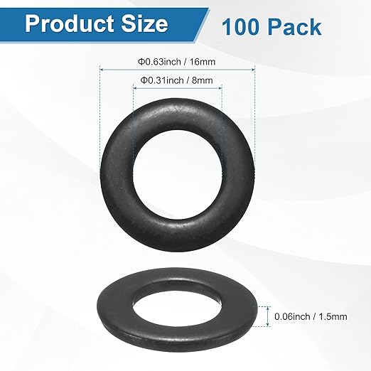 100-Pack M8 Flat Washers, Metric 16mm OD 1.5mm Thick 304 Stainless Steel Washers for Bolts Screws Nuts for Automotive/Machinery/Furniture, Flat Metal Washers [Black Galvanized]