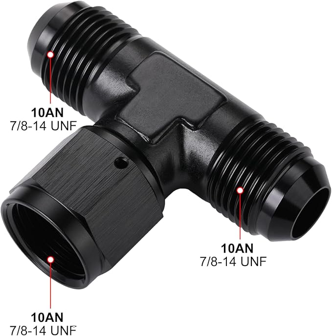 10AN Male Flare Tee T Fitting Adapter with AN10 Female Swivel On Side Aluminum Black