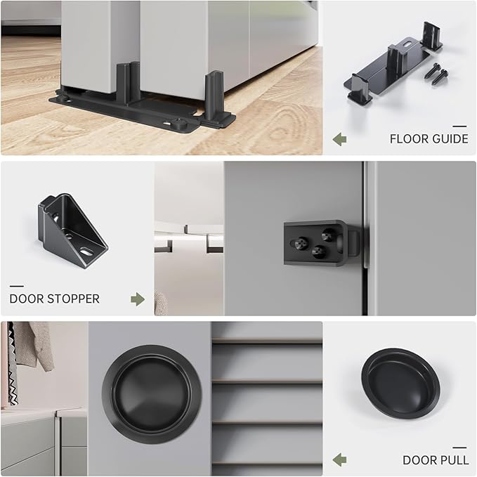 EaseLife 8FT/96in Bypass Double Sliding Pocket Door Hardware Kit,Commercial Grade,Aluminum,Bypassing Wardrobe Closet Door Track for 4 Door System,Slide Smoothly Quietly,Easy Install,Black,No Door