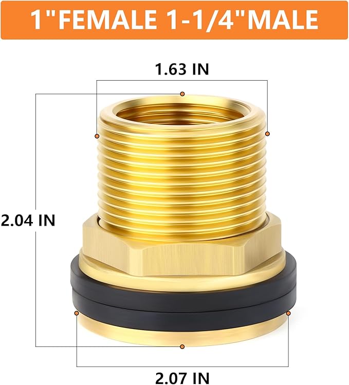 GASHER 2PCS Brass 1" Female 1-1/4" Male Bulkhead Tank Connector Adapter Fitting with Rubber Ring
