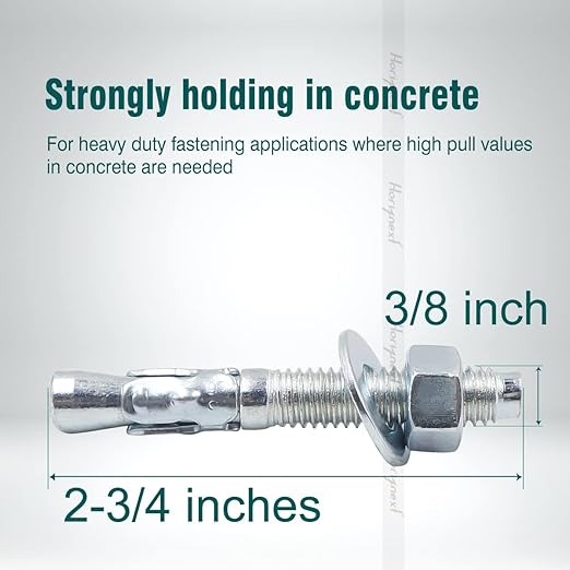 3/8 x 2-3/4 inch Carbon Steel Wedge Anchor kit for Concrete Cement Wall Floor Ground Deck Fence Base Bracket, Drill Stud Post Strong Screw Bolt Set.(10 pcs)