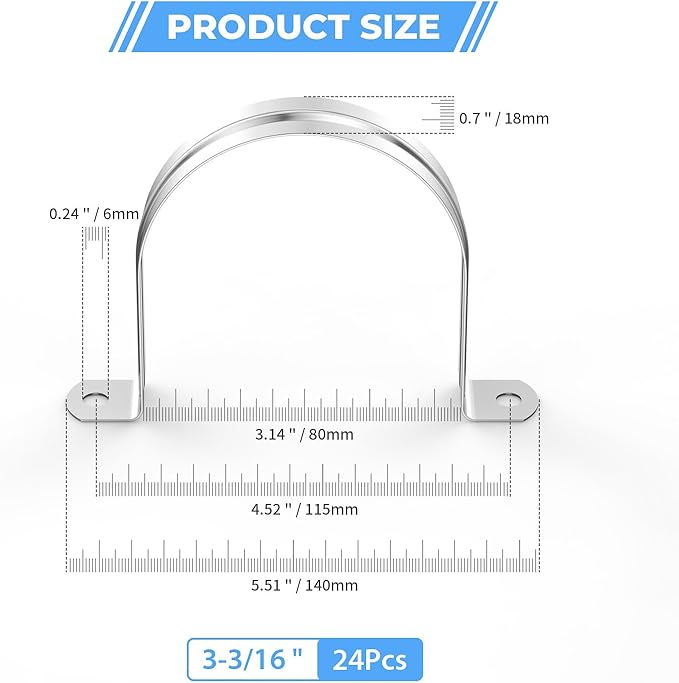 24Pcs 3 3/16 Inch (80mm) 304 Stainless Steel Conduit Clamps, U-Tube Strap Pipe Clamp 2 Hole Strap U Bracket Rigid Pipe Metal Conduit Strap Tension Clips U-tube Clamp