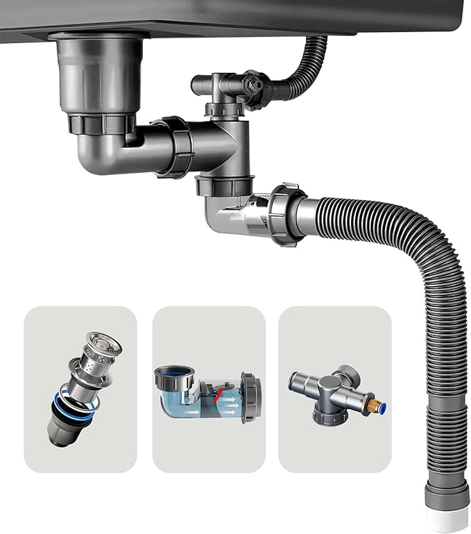 Single Sink Kitchen Sink Drain Kit Space Saving Flexible Drain Pipe Flexible P-Trap Drain Strainer with 3-1/2 Inch Sink Drain Assembly Kit 304 Stainless Steel