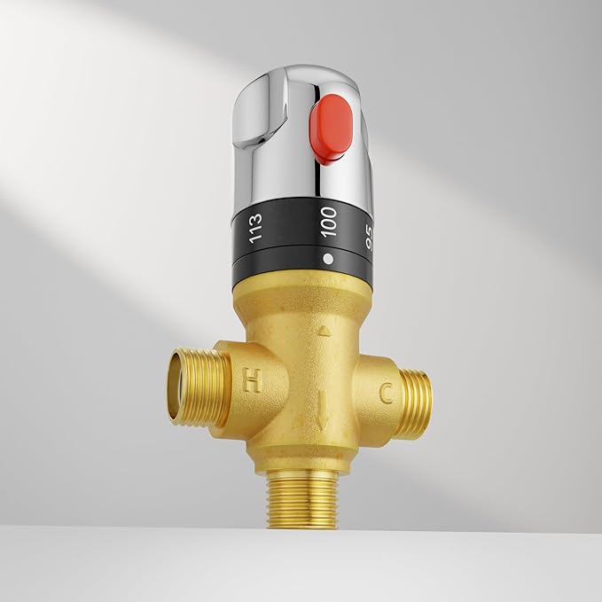 Thermostatic Mixing Valve with 1/2 NPT Male Connection, Water Temperature Constant Control Valve, Fahrenheit Scale Mark, Solid Brass,Golden