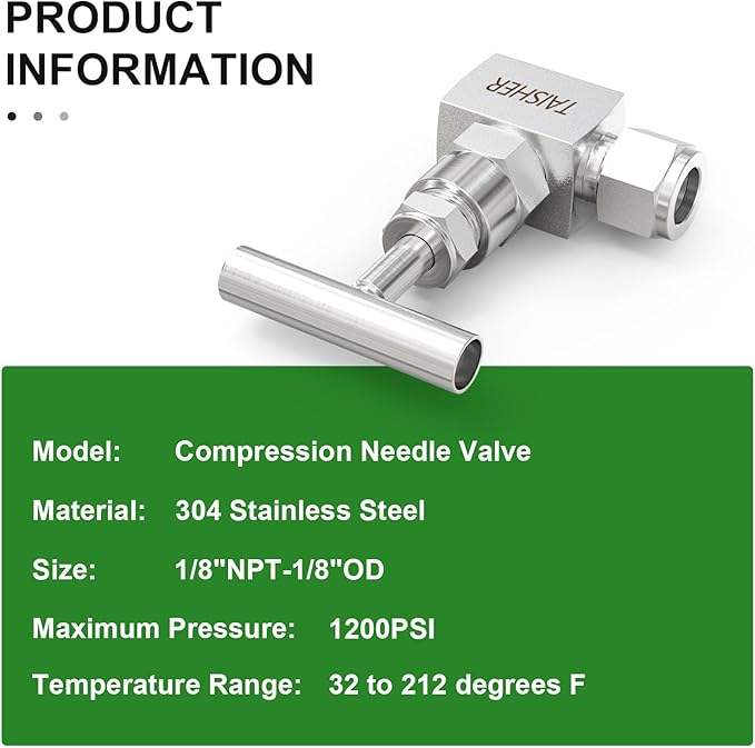 TAISHER 1PCS 304 Stainless Steel High Pressure Straight Needle Valve 1/8" NPT Female x 1/8" Tube OD For Flow Control Water Gas Oil
