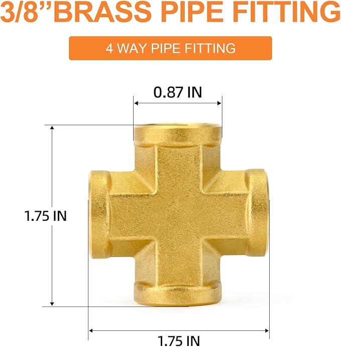 GASHER 2PCS Brass Pipe Fitting, Cross 4 Way Pipe Fitting, 3/8" x 3/8" x 3/8" x 3/8" NPT Female Pipe