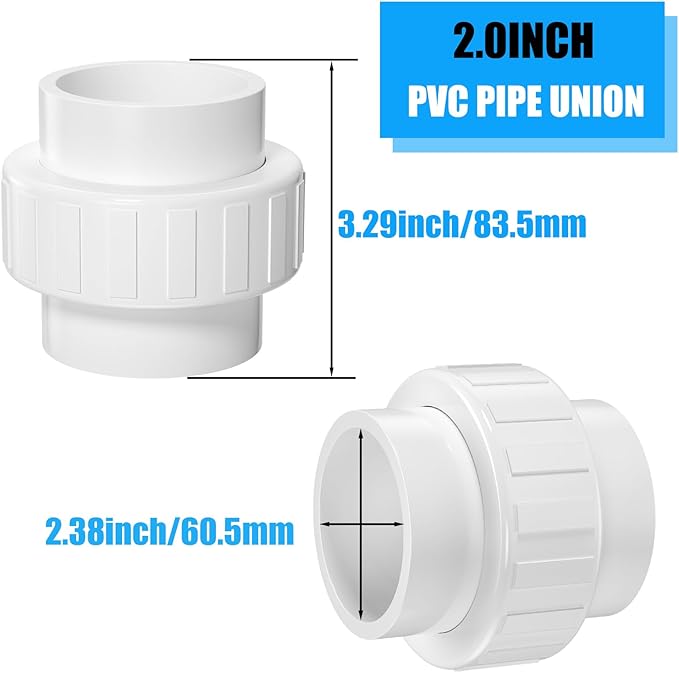 2PCS PVC Union Coupling 2Inch, Furniture Grade PVC Union Pipe Fittings with EPDM O-Ring, Schedule 40 White Slip Coupling Adapter for Irrigation, Pool & Spa System, indoor Plumbing Project