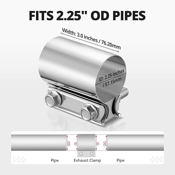 EVIL ENERGY 2.25 Inch Exhaust Clamp, 2 1/4" Butt Joint Band Clamp Sleeve Coupler Stainless Steel for Pipes, Mufflers, Catalytic Converters 2Pcs