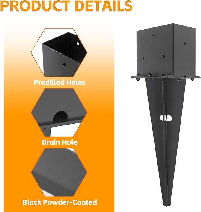 2 Set 4"x 6" Fence Post Anchor Ground Spike, 22" Heavy Duty Metal Fence Stake Post Bases (Inner Size 3.6"x5.6") with Black Powder Coated for Fence, Deck, Railing, Mailbox and Porch
