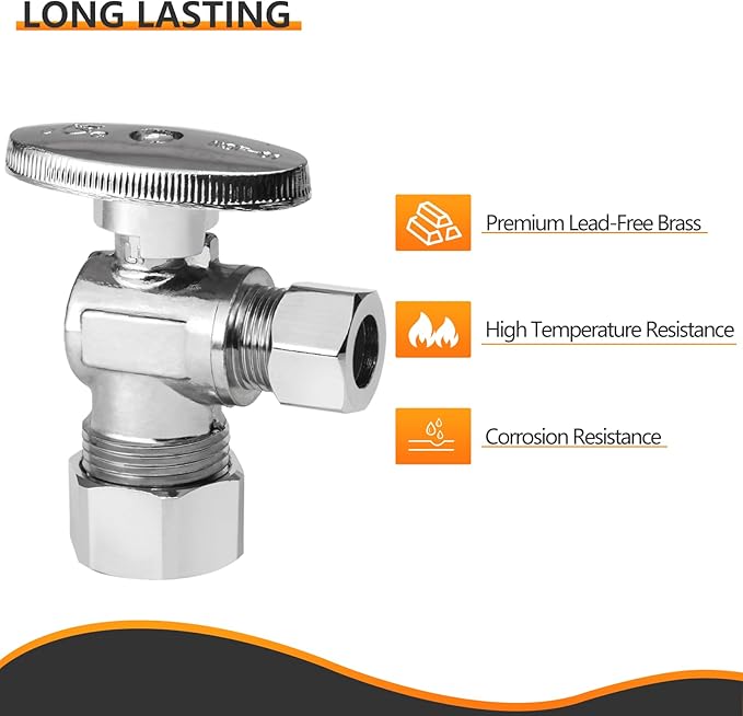 HeSun 10-PCs Pex Angle Stop Valve, 1/2" Nominal (5/8"OD) Compression x 3/8" OD Compression, 1/4 Turn Shut Off Valve for Bathroom,PEX Chrome Plated Brass