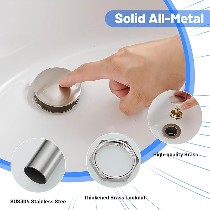 BWE One Piece Bathroom Vessel Sink Drain Stopper Without Overflow Pop Up Drain Assembly with Strainer for Bathroom Vessel Vanity Faucet Brushed Nickel