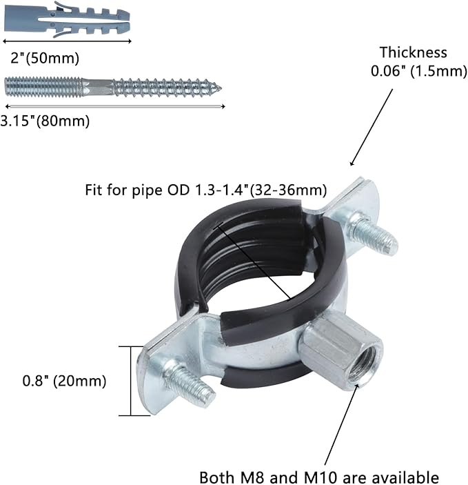 6 PCS Split Ring Pipe Hanger, Heavy Duty Adjustable Pipe Bracket Clamp with Screw & Expansion Tube, Wall Ceiling Mount Galvanized Iron Pipe Strap Supports Fit for Pipe OD 1.3-1.4 Inch(32-36mm)