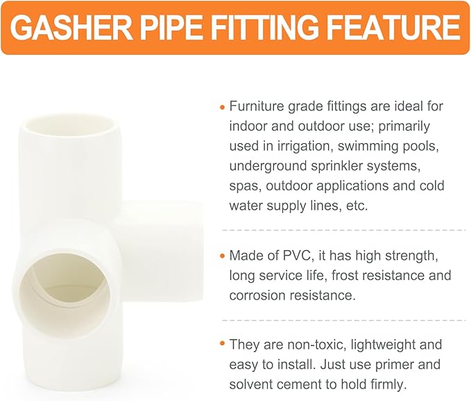 GASHER 10PCS 4Way PVC Pipe Fittings 1-1/4" PVC Furniture Grade Pipe Socket Fittings, For Home or Industrial