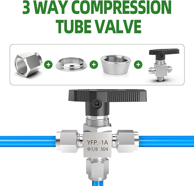 TAISHER 1PCS 304 Stainless Steel 3 Way Compression Tube Valve, 1/8" Tube OD x 1/8" Tube OD x 1/8" Tube OD Adapter