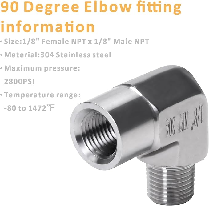 90 Degree Street Elbow - 1/8" NPT Male to 1/8" NPT Female Stainless Steel 304 Heavy Duty Forged Barstock Street Elbow Adapter Pipe Fitting (pack of 5)