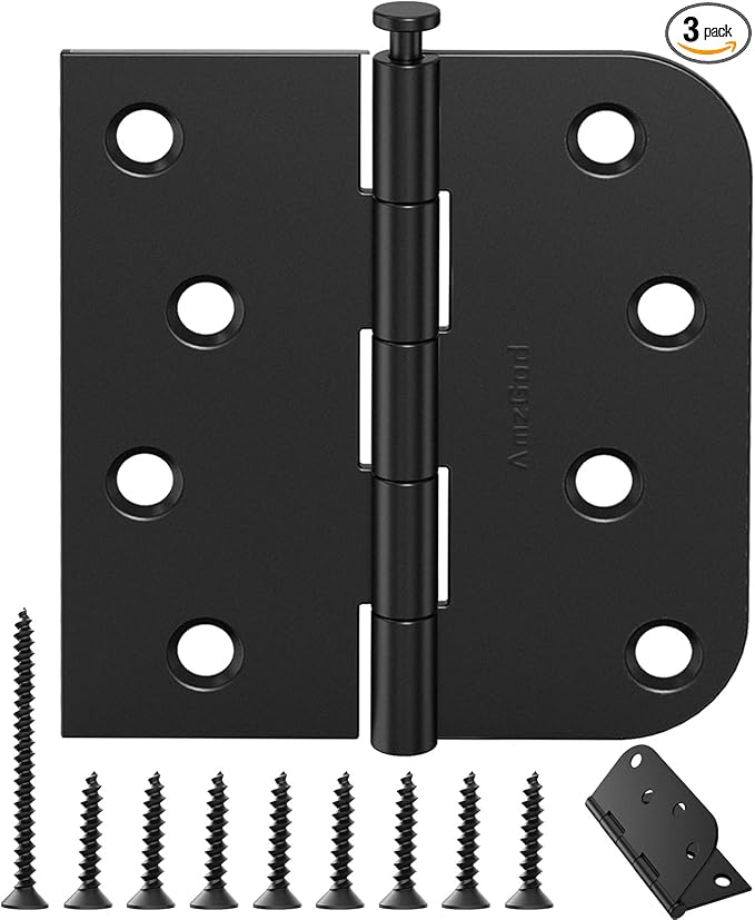 3 Pack Matte Black Door Hinges 4 Inch, Heavy Duty Exterior Hinges with Square & 5/8" Radius Corners, Quiet Removable Pin Design for Front & Back Residential Doors