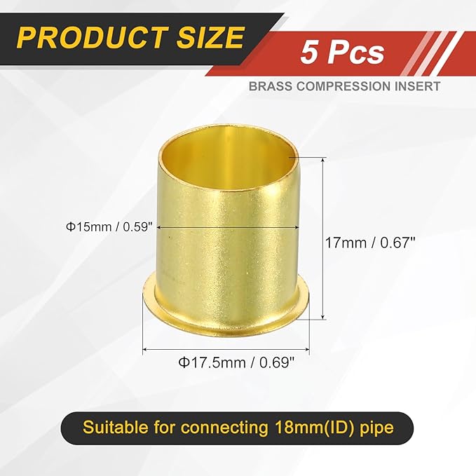 uxcell 5Pcs Fit for 15mm(9/16") Tube ID Brass Compression Fitting, Insert Tube Support Compression Sleeve Fitting, Sleeve Ferrules for Water Oil Air Pipe