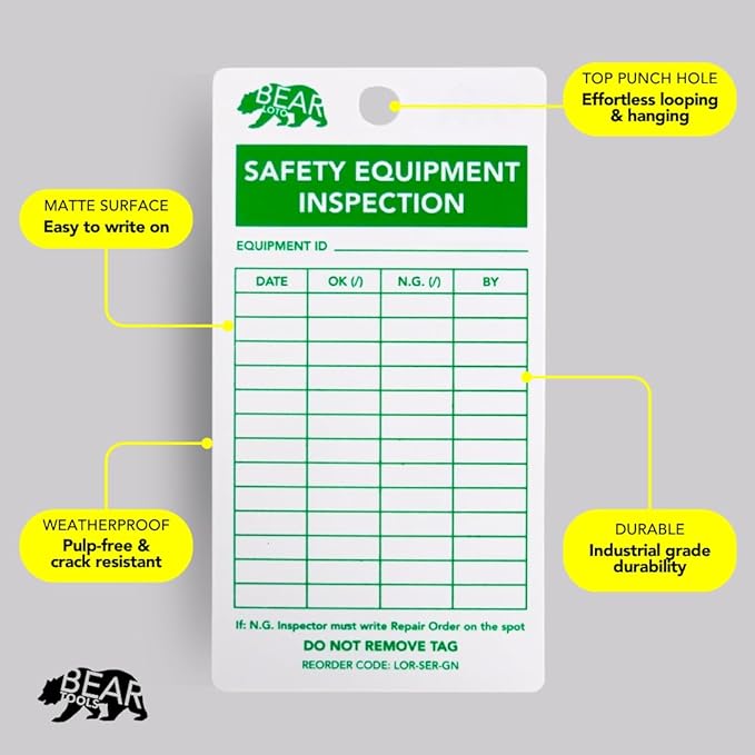BearLOTO Safety Equipment Inspection Notice - Hazard & Accident Prevention Tag - Multiple Application - Machinery Fire Extinguisher Scaffold Ladder Equipment Factory - GreenWhite - Pack of 20