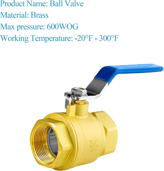WiseWater 3/4" NPT Full Port Brass Ball Valve, with 1/4 Turn Blue Handle, 600 WOG, Plumbing Fitting, UPC Certified, 2 Pcs