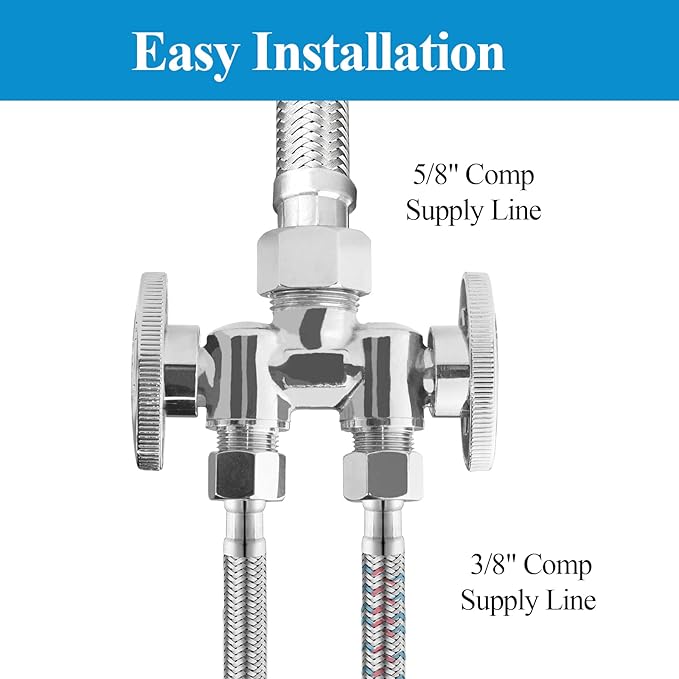 WiseWater 5/8" x 3/8" x 3/8" Compression Dual Shut Off Valve, Chrome Plated Brass 1/4 Turn Double Straight Stop Valve for Refrigerator, Ice Maker, Coffee Brewers, Water Filters (2 Pack)