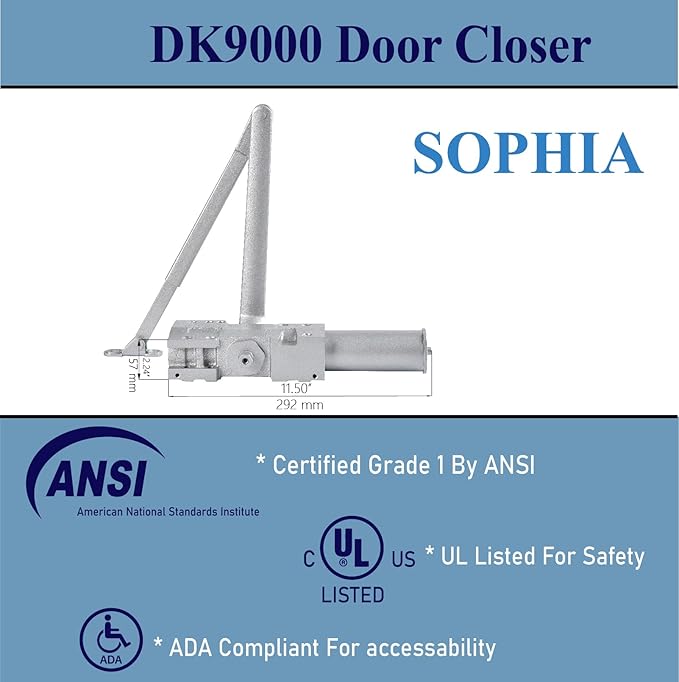 SOPHIA Automatic Door Closer Heavy Duty, Commercial Grade 1, Adjustable Spring Size 1-6 for High Traffic, ADA Compliant & UL Listed, Door Hydraulic Closer, Backcheck & Delayed Action, Silver