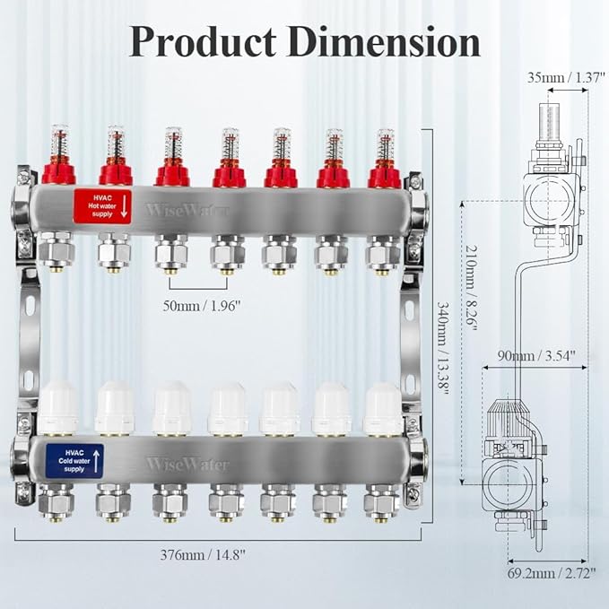 AB 7 Loop PEX/Radiant Manifold, PEX Tubing Radiant Heat Manifolds with 1/2'' Compatible Outlets, for Hydronic Radiant Floor Heating (1/2'' Adapters Included)