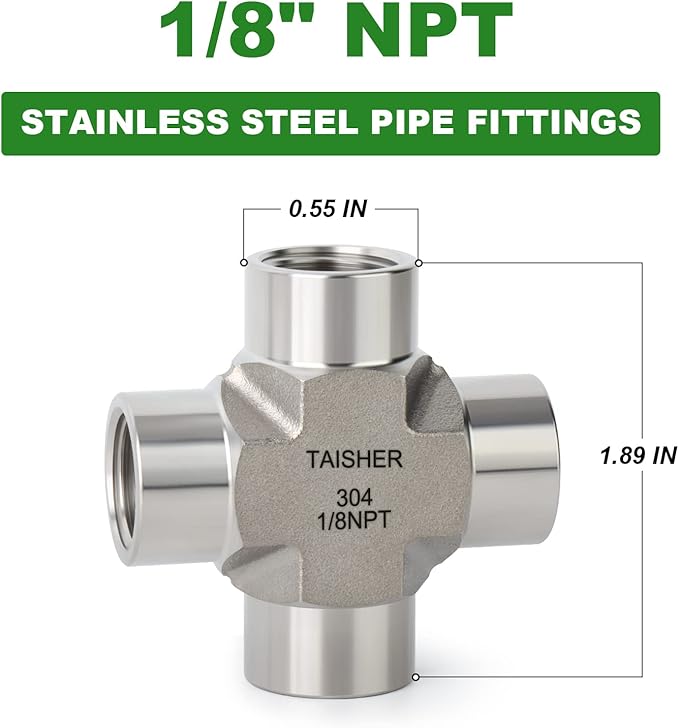 TAISHER 1PCS Forging of 304 Stainless Steel 4 Way Pipe Fittings, 1/8" x 1/8" x 1/8" x 1/8" NPT Female Pipe Fittings
