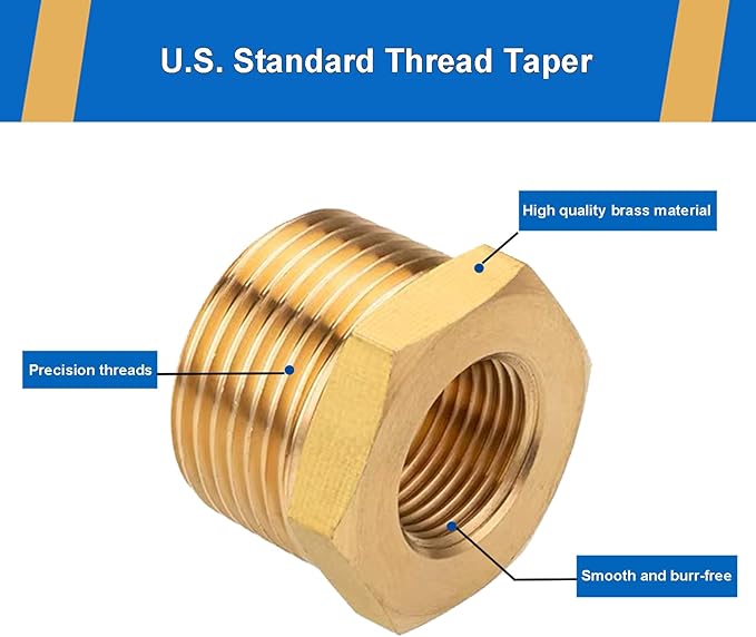 4PCS Heavy Duty Brass Reducer Hex Bushing, 3/8" NPT Male to 1/4" NPT Female, Threaded Reducing Pipe Fitting Adapter, 1200 PSI, Ideal for Plumbing, Fuel Lines, and Pneumatic Systems