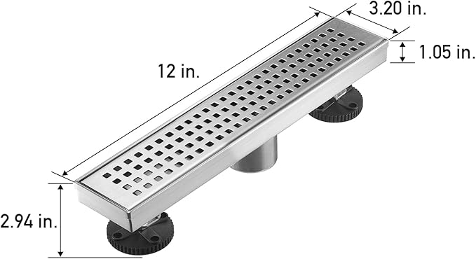 Linear Shower Floor Drain, Brushed Nickel 12 Inch 304 Stainless Steel Bathroom Drains Kit, Long Rectangular Shower Trench Drain with Square Pattern Drain Cover & Hair Catcher