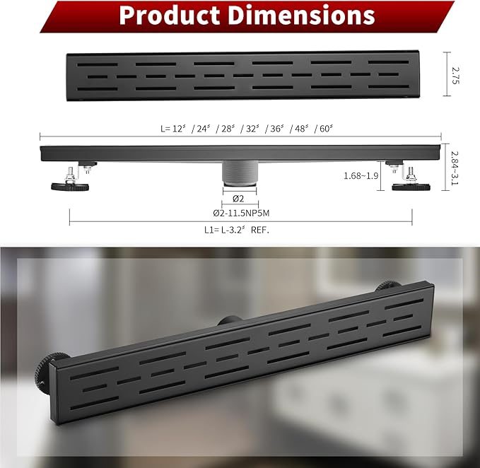 Sharp-tec Linear Shower Drain, 36 inch Shower Drain with Removable Pattern Cover, Matte Black 304 Stainless Steel Rectangle Floor Drain, Adjustable Feet and Hair Strainer Included (Model 101)