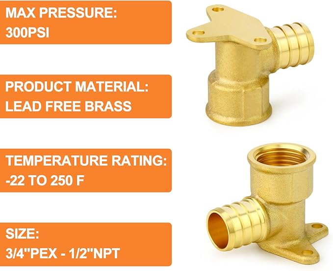 GASHER 6Pcs No Lead Brass Pex Drop Ear Elbow, PEX 3/4" x 1/2" NPT Female Threaded Adapter Crimp Fitting for Hot or Cold Water Systems
